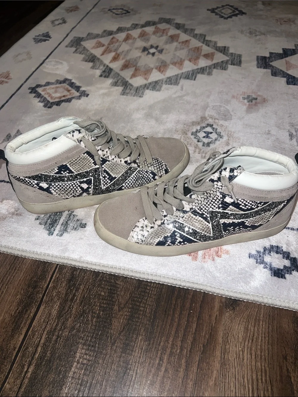 Gianni Bini High-Top Snake-Print Sneakers in Taupe and Black